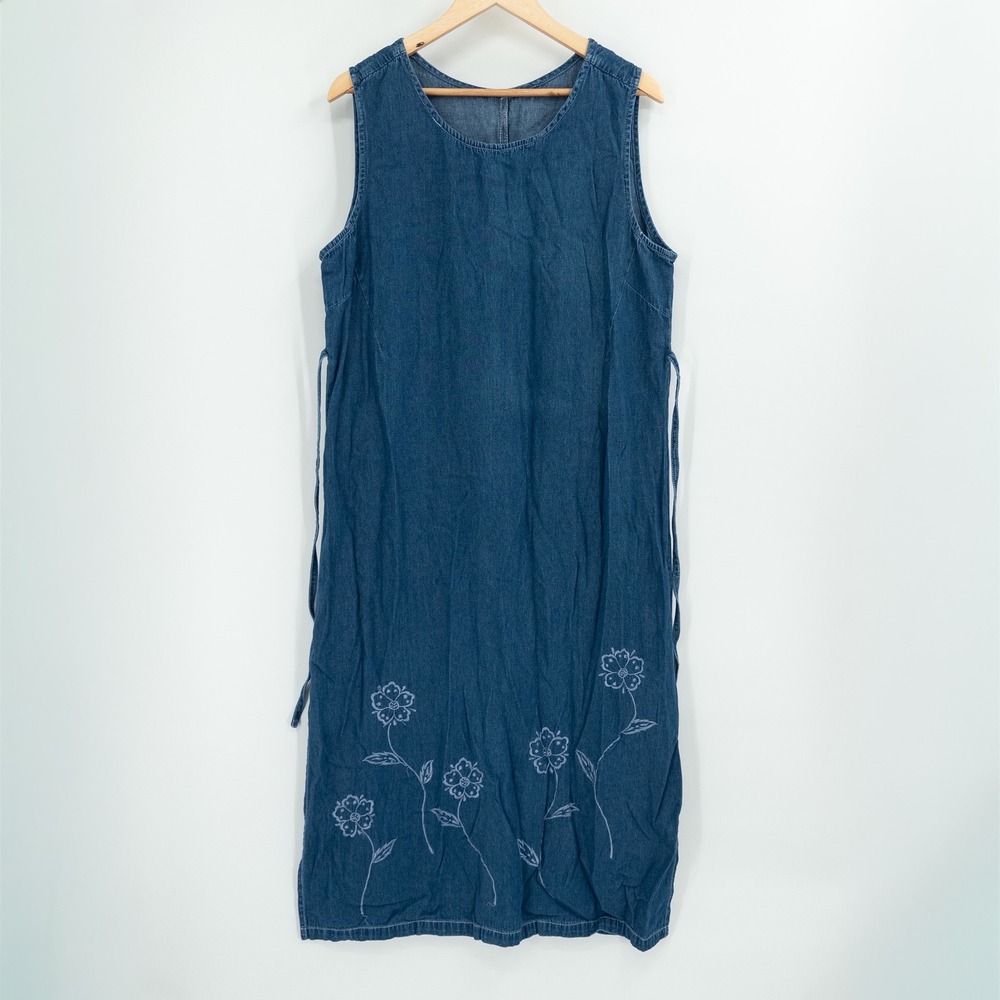 Vintage Denim Maxi Dress XL Blue Floral Embroidery 90s Miss Honey Butter‎ Mom